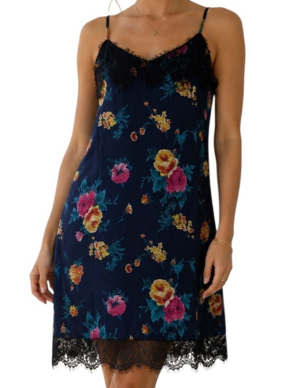 Pins And Needles Women Large Floral Satin Lace Slip Mini Dress Y2K